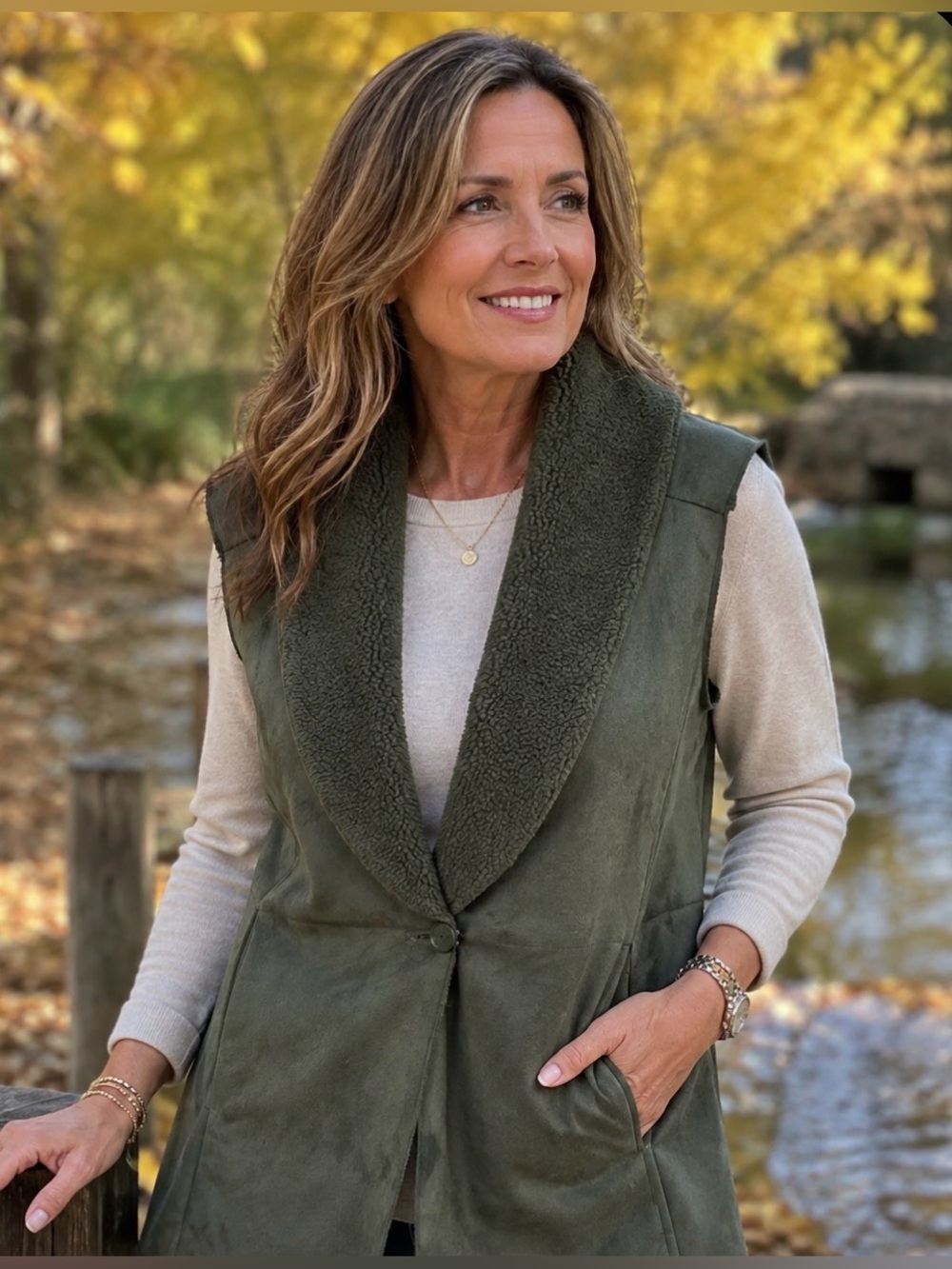 Scandi Girl Dark Green Women's Faux Fur with Button Autumn Vest